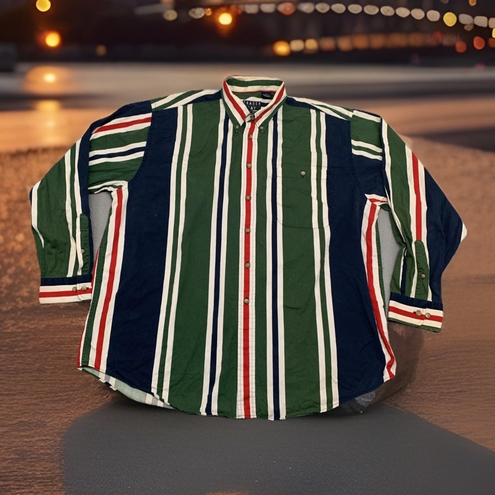 Vintage 90s Trader Bay Mens XL Long Sleeve Button Down Shirt Striped Blue Green